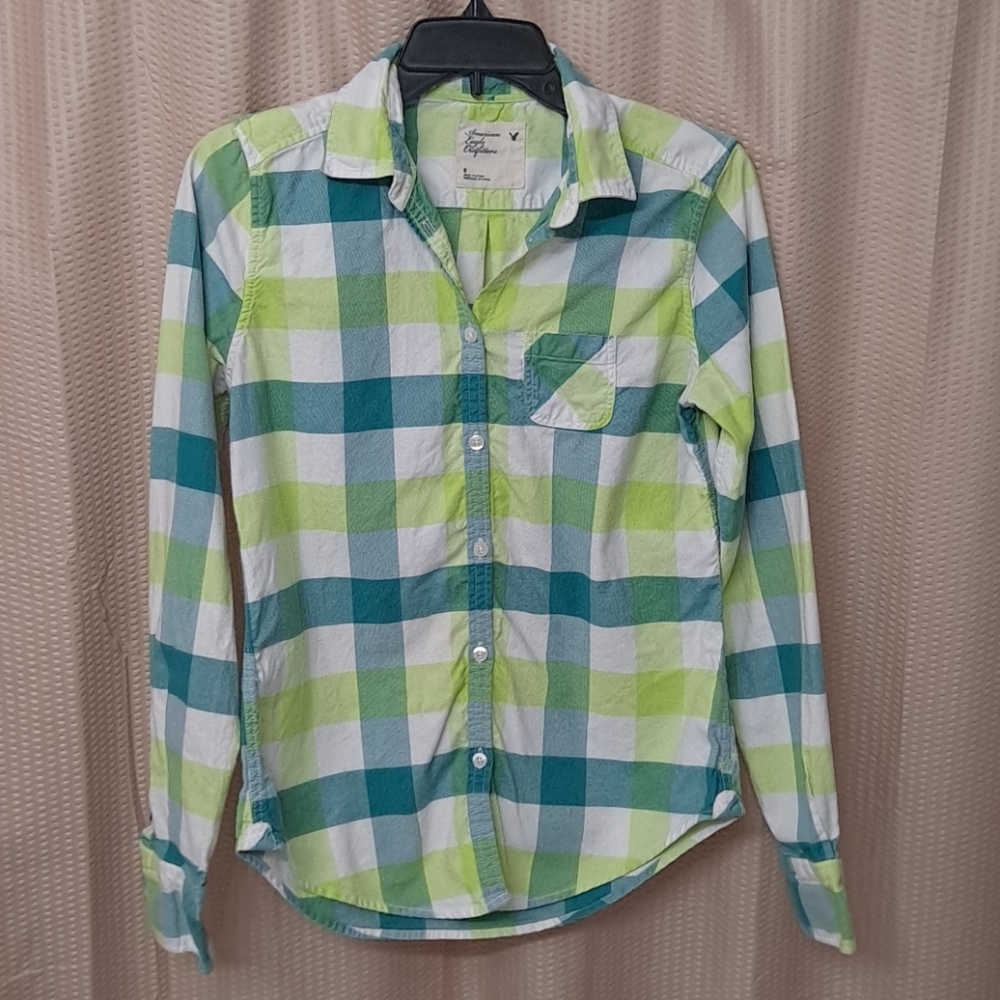 Green Gingham AEO Longsleeve Button Down Spring Garden Girl Shirt